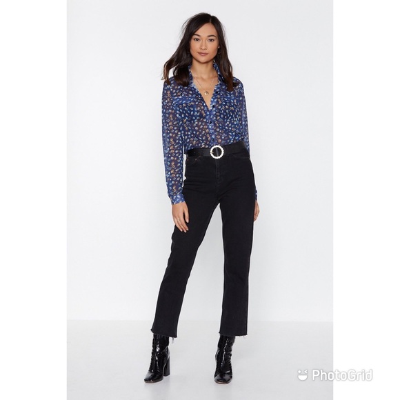 NEW** Nasty Gal Leopard Floral Shirr Navy - Picture 2 of 7